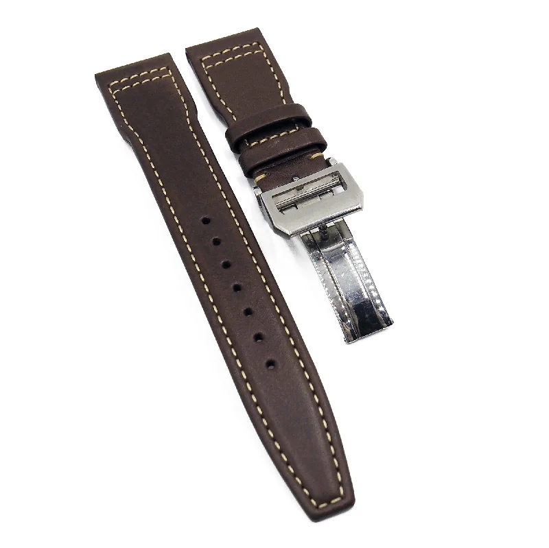 21mm Pilot Style Brunette Brown Calf Leather Watch Strap For IWC, Semi Square Tail-IWC Watch with Classic Design -