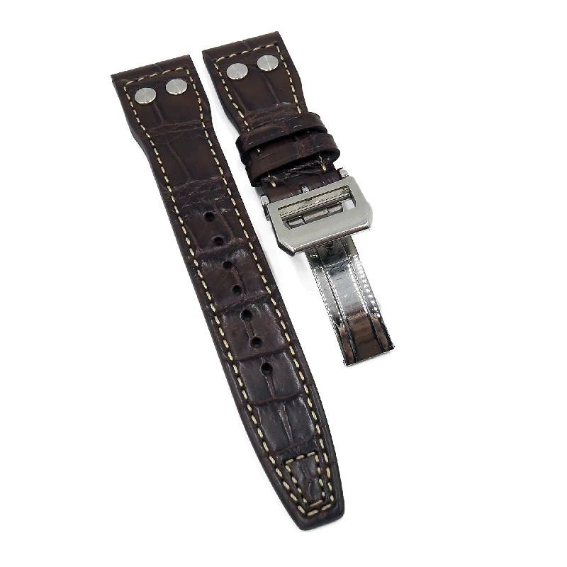 21mm Pilot Style Walnut Brown Alligator Leather Watch Strap For IWC, Cream Stitching, Rivet Lug, Semi Square Tail-IWC Watch with Sporty Style -