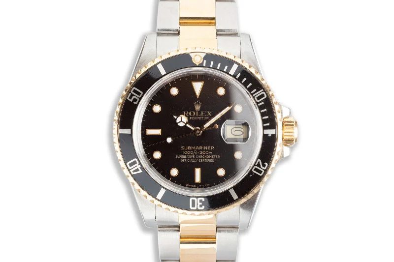 1987 Rolex 18k & Stainless Submariner 16613 Black Dial with Box & Service Papers-Rolex Watch with Transparent Caseback -