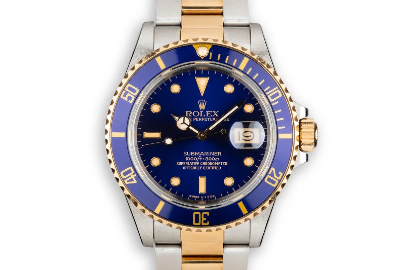 1987 Rolex Two-Tone Submariner 16803 Blue Dial with Box and Papers-Rolex Watch with Yellow Gold Bezel -