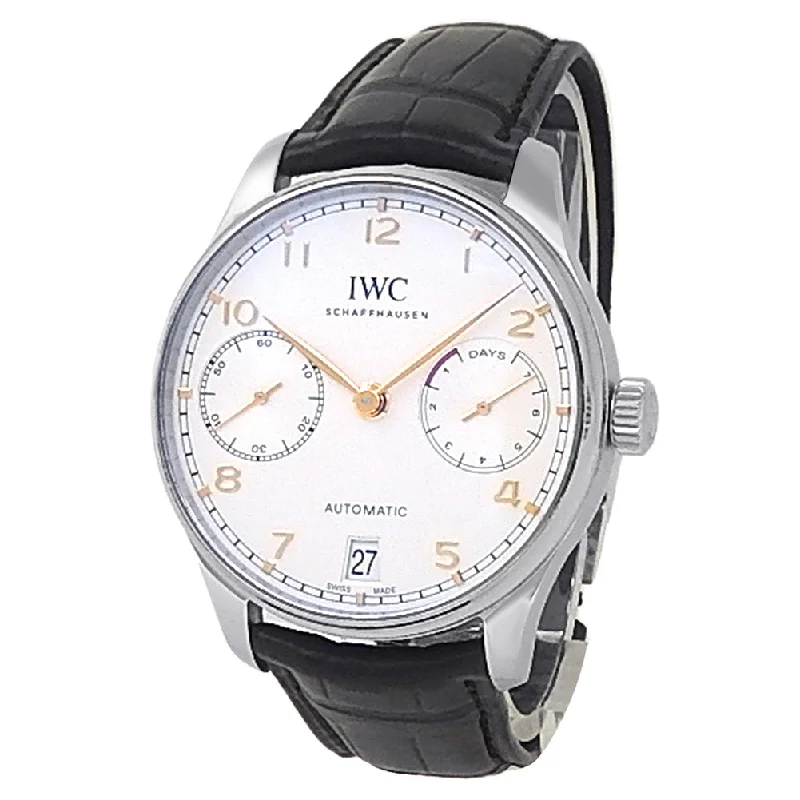 IWC Portuguese Stainless Steel Black Leather Automatic Silver Men's Watch IW500114-IWC Watch with Power Reserve Indicator -