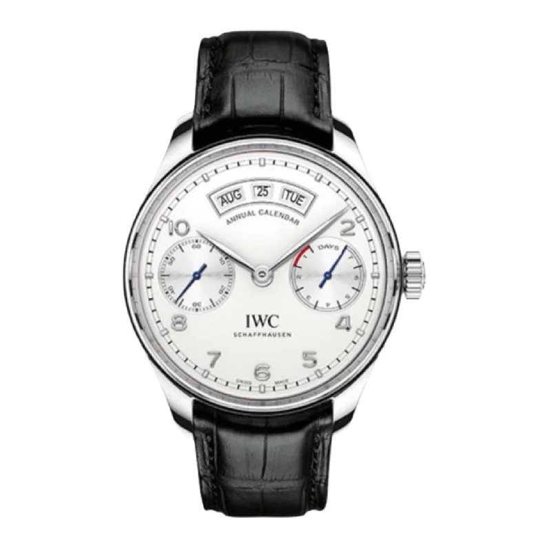 IWC Portugieser 44.2mm - Ref: IW503501 - White Chronograph Dial, Black Alligator Leather Strap-IWC Watch with Blue Ceramic Bezel -