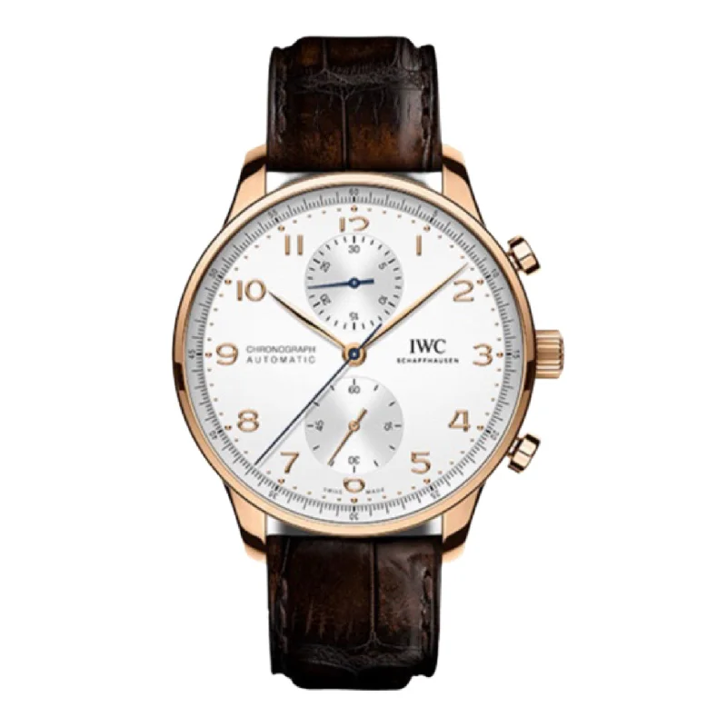 IWC Portugieser 41mm - Ref: IW371611 - White Chronograph Dial in 18K Rose Gold Case, Brown Alligator Leather Strap-IWC Watch with Exhibition Caseback -