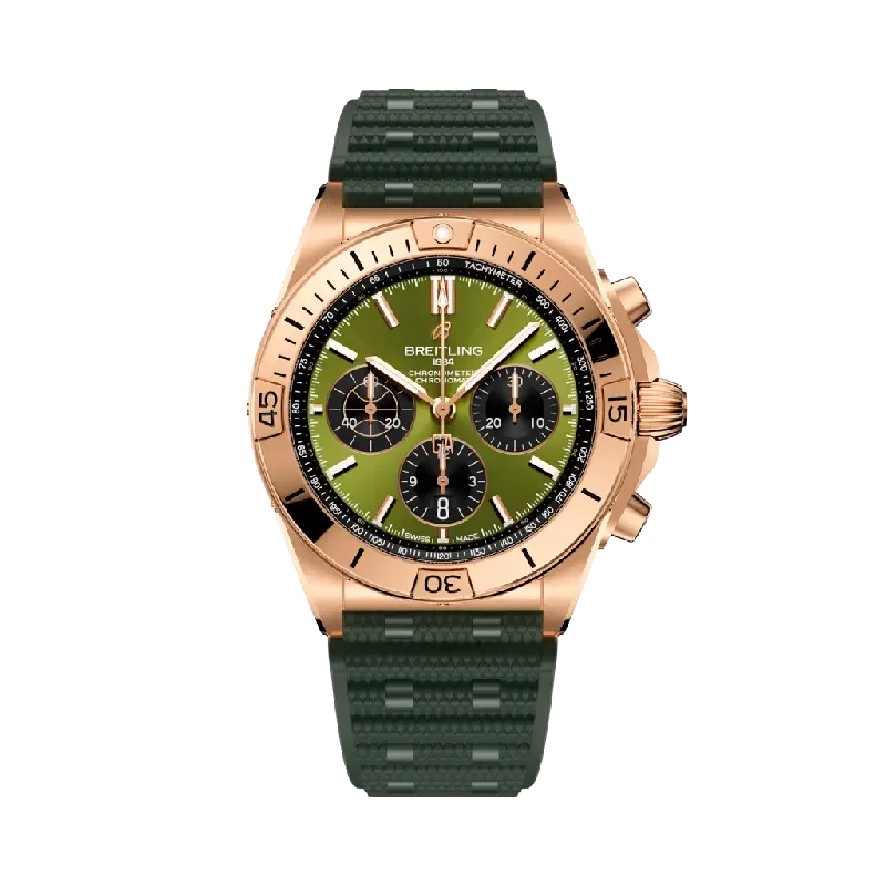 Breitling Chronomat B01 42 mm Olive & Black Dial 18K Red Gold Green Rubber Strap RB01344A1L1S1-Breitling Watch with Water Resistance to 300M -