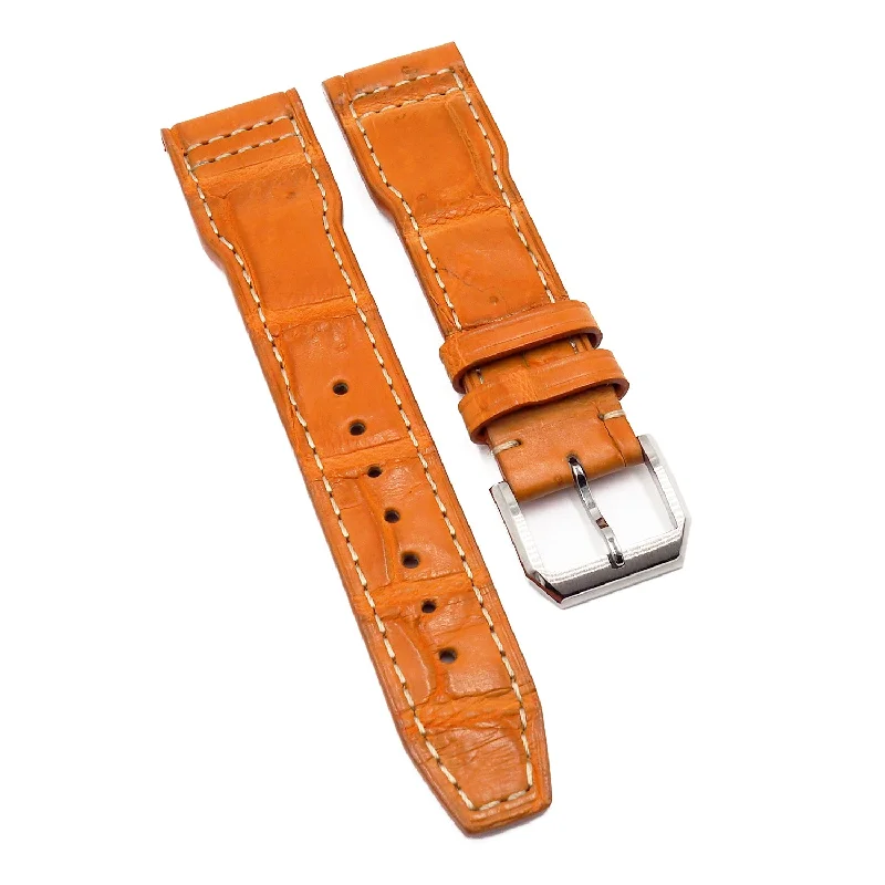 21mm Pilot Style Orange Alligator Leather Watch Strap For IWC, Semi Square Tail-IWC Watch with Diamond-Like Coating -