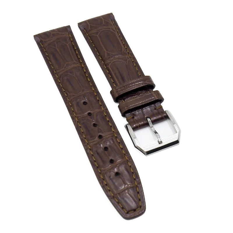 20mm, 21mm, 22mm Hickory Brown Alligator Leather Watch Strap For IWC, Tang Buckle Style-IWC Watch with Functional Chronograph -