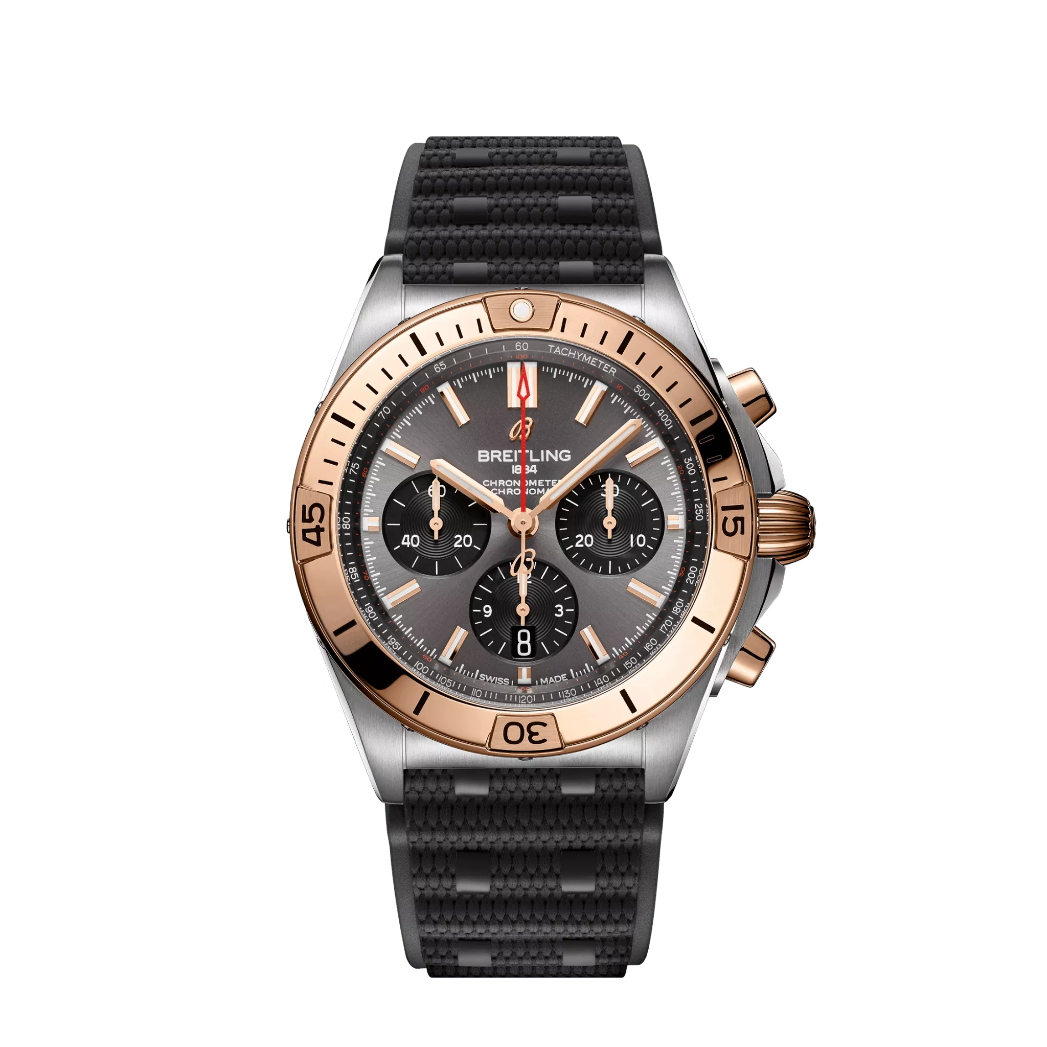 Breitling Chronomat B01 42 mm Grey and Black Dial Stainless Steel & 18K Red Gold Black Rubber Strap UB0134101B1S1-Breitling Watch with Titanium and Rubber Strap -