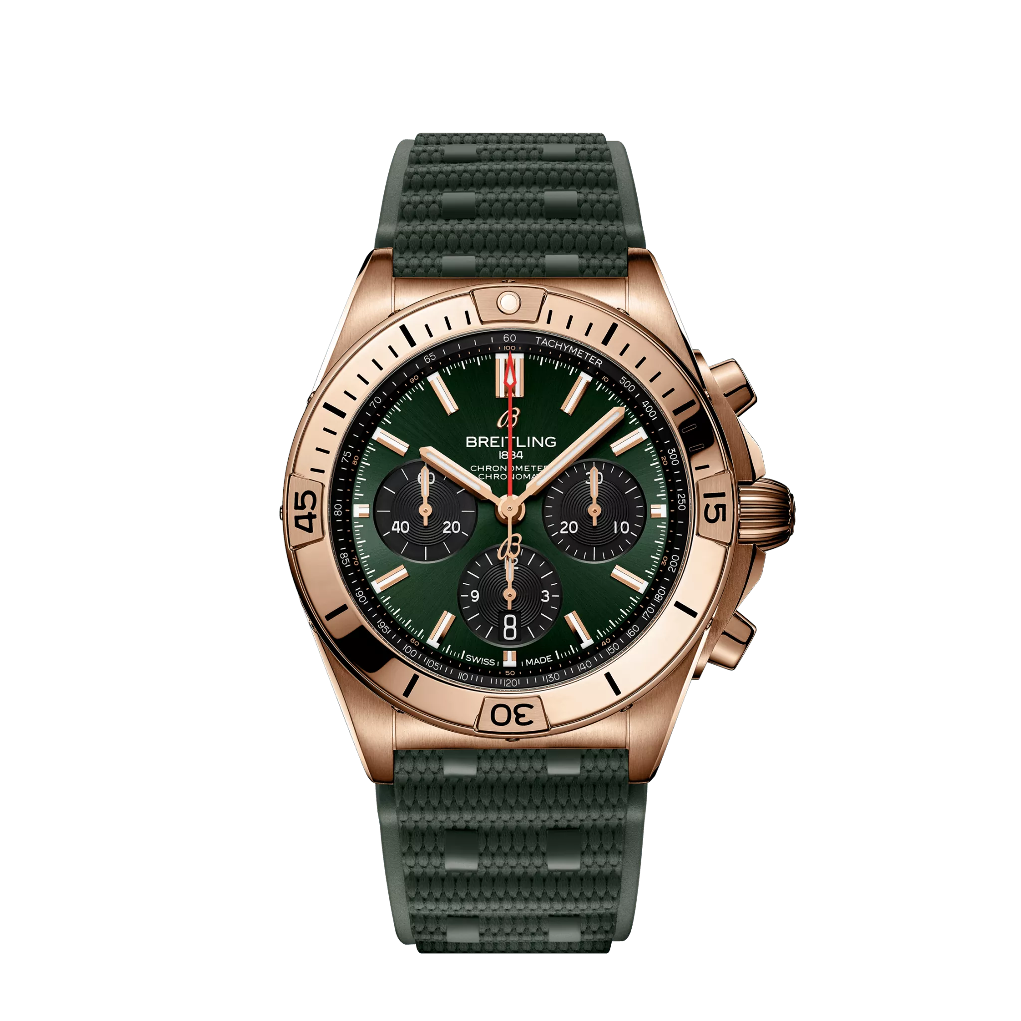 Breitling Chronomat B01 42 mm Green & Black Dial 18K Red Gold Green Rubber Strap RB0134101L1S1-Breitling Watch for Limited-Edition Timepieces -