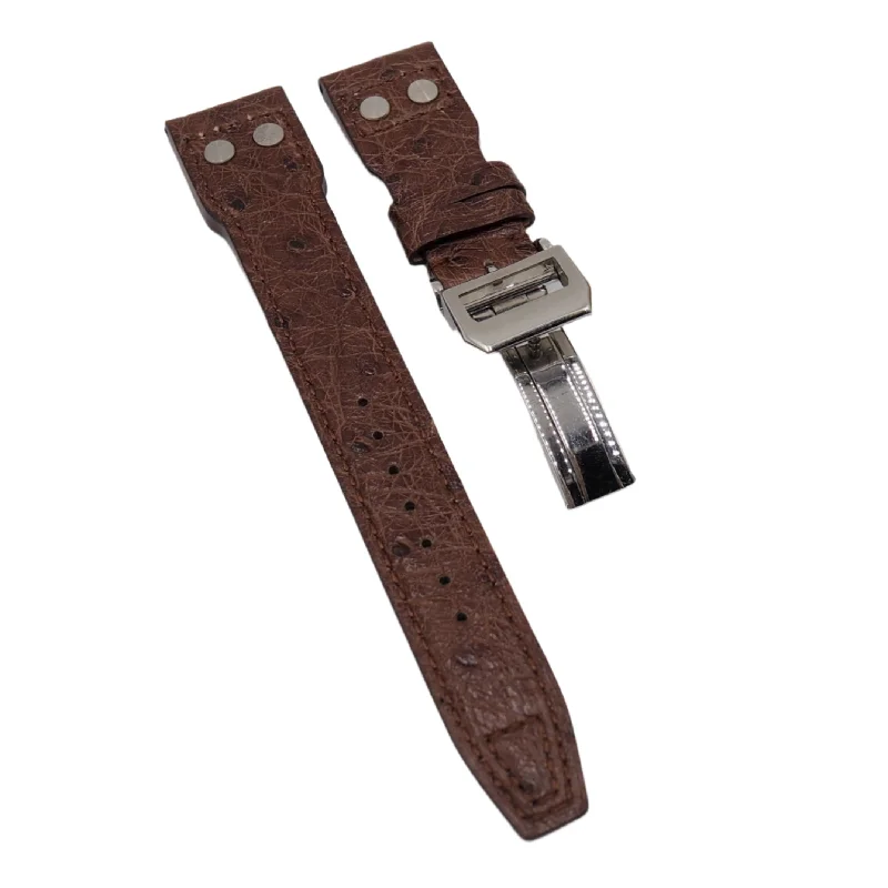 22mm Pilot Style Brown Ostrich Leather Watch Strap For IWC, Rivet Lug, Semi Square Tail-IWC Watch with Digital Display -