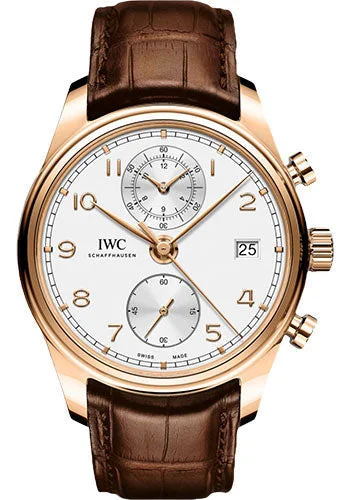 IWC Portugieser Chronograph Classic Watch - 42 mm Red Gold Case - Silver Dial - Brown Alligator Strap - IW390301-IWC Watch with Leather and Steel Strap -