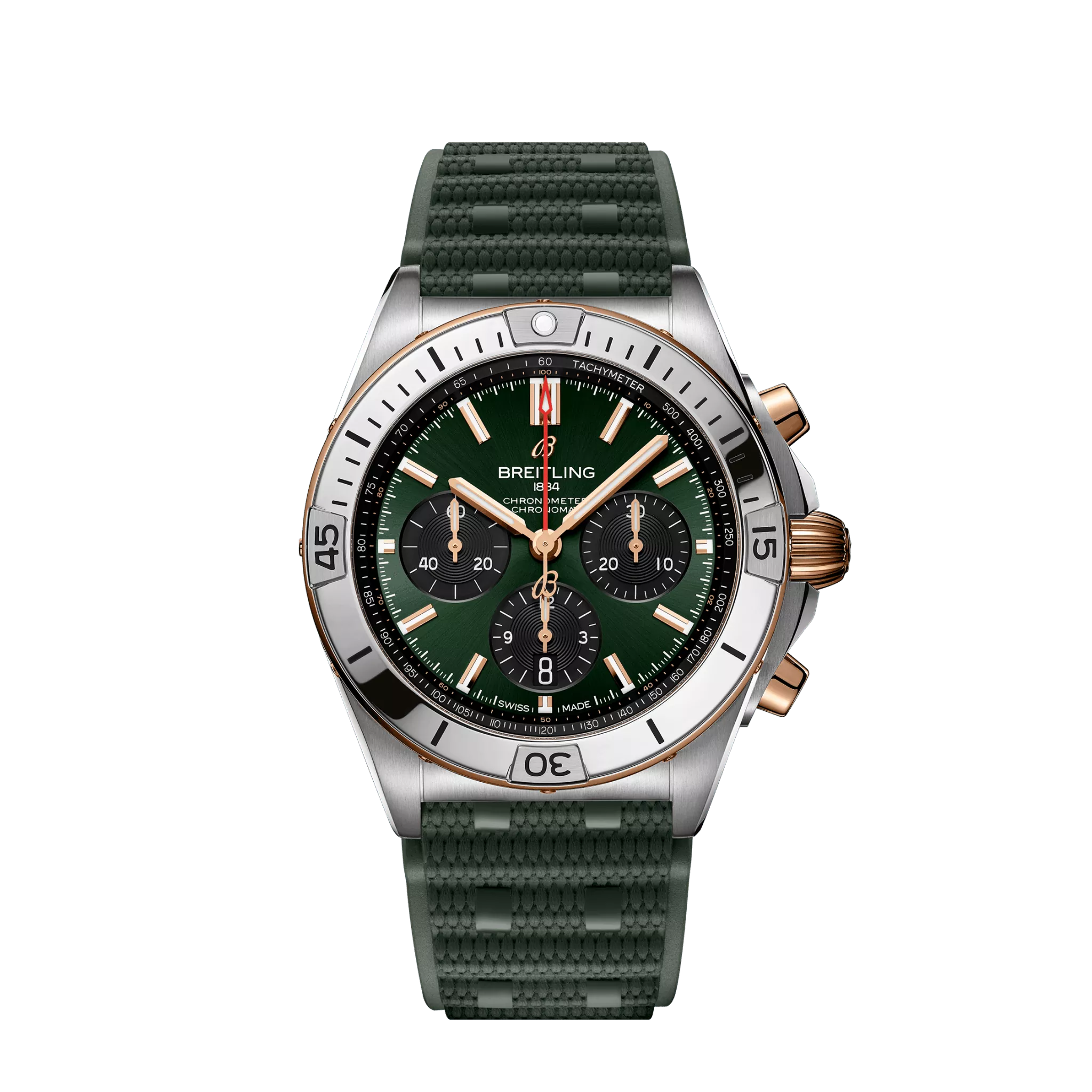 Breitling Chronomat B01 42 mm Green and Black Dial Stainless Steel & 18K Red Gold Green Rubber Strap UB0134131L1S1-Breitling Watch with Minimalist Design -