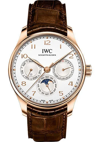 IWC Portugieser Perpetual Calendar 42 - 18K 5N Gold Case - Silver-Plated Dial - IW344202-IWC Watch with Dual Time Zone Function -