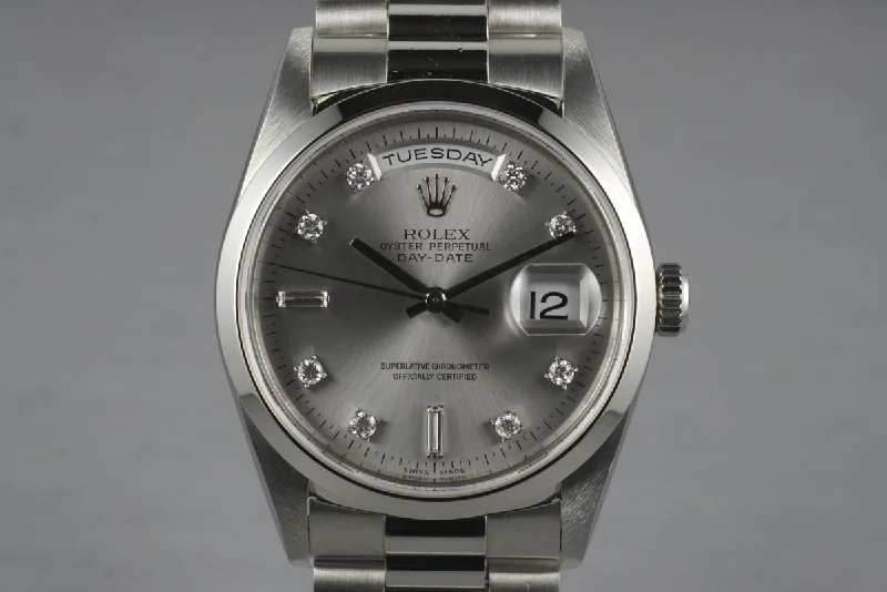 1995 Rolex Platinum Day-Date 18206 Diamond Dial with Box and Papers-Rolex Watch with All Stainless Steel Case -