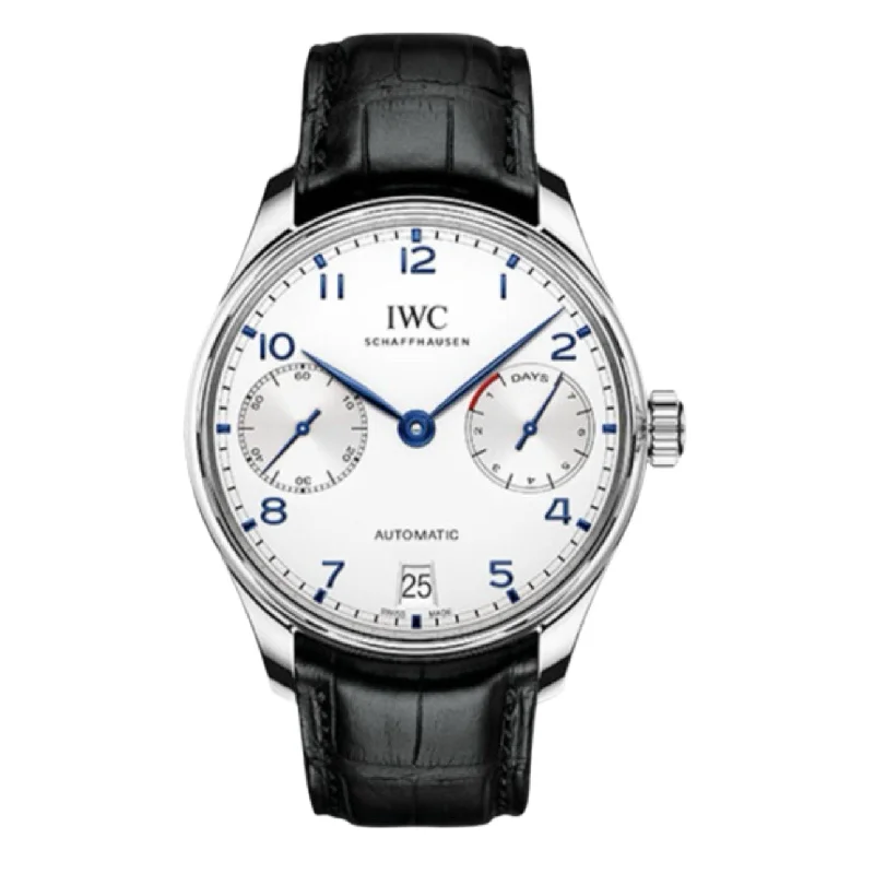 IWC Portugieser 42.3mm - Ref: IW500705 - White Chronograph Dial, Black Alligator Leather Strap-IWC Watch with Chronometer Certification -