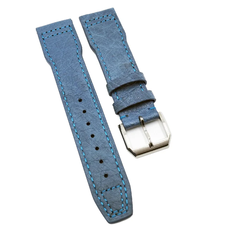 21mm Pilot Style Steel Blue Ostrich Leather Watch Strap For IWC, Semi Square Tail-IWC Watch with Multiple Time Zone Features -