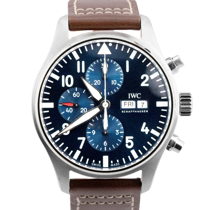 MINT IWC Pilot Le Petit Prince BLUE 43mm Leather Steel Chronograph IW377714 BOX-IWC Watch with Full Calendar Display -