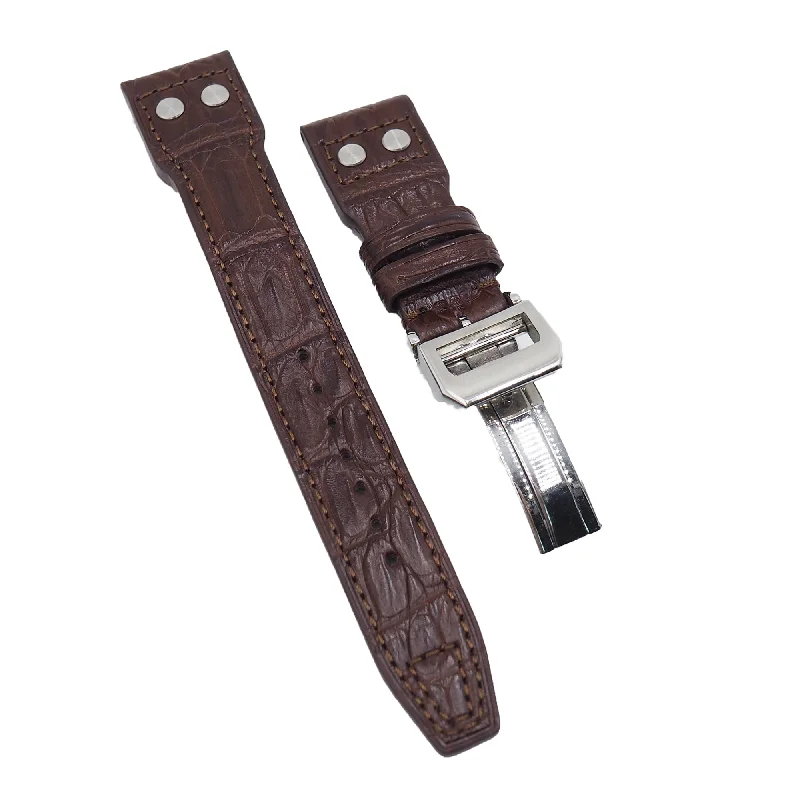 22mm Big Pilot Style Pecan Brown Alligator Leather Watch Strap For IWC, Rivet Lug, Semi Square Tail-IWC Watch with Rare Functionality -