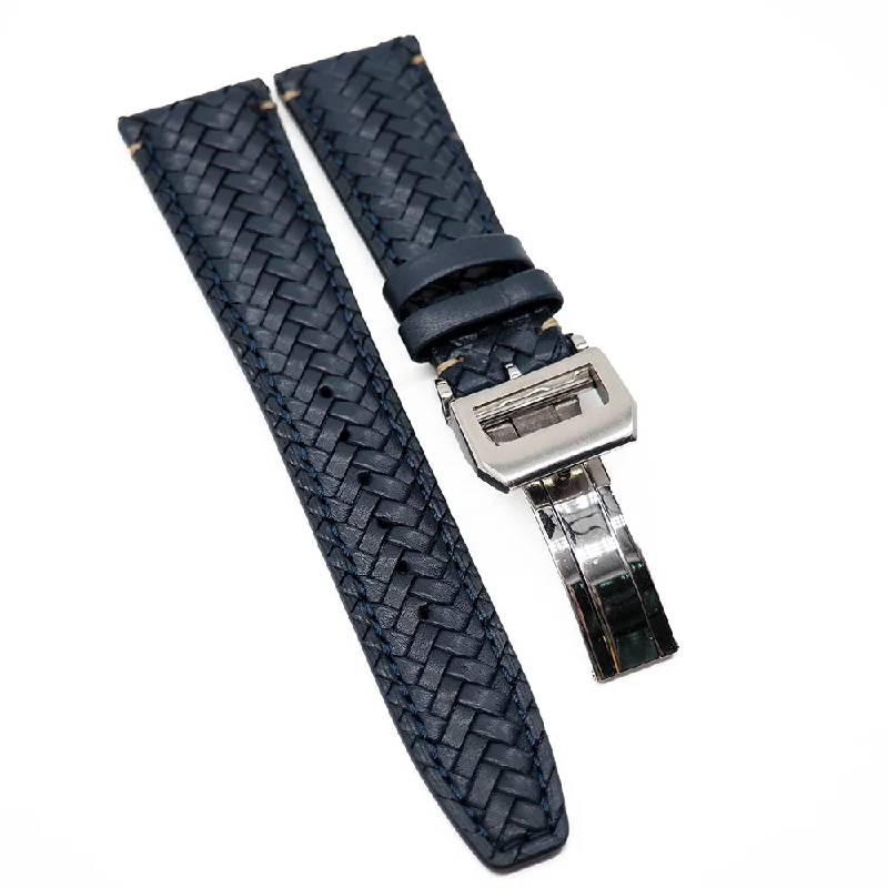 20mm, 21mm, 22mm Denim Blue Weave Pattern Calf Leather Watch Strap For IWC-IWC Watch for High-End Collectors -