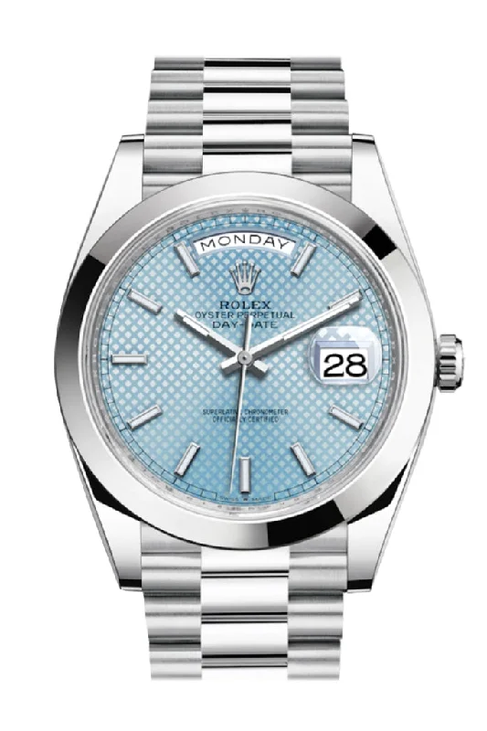 Rolex Day-Date 40 Ice blue Diagonal Motif Dial Dome Bezel Platinum President Men's Watch 228206 DC-Rolex Watch for Luxury Gifting -