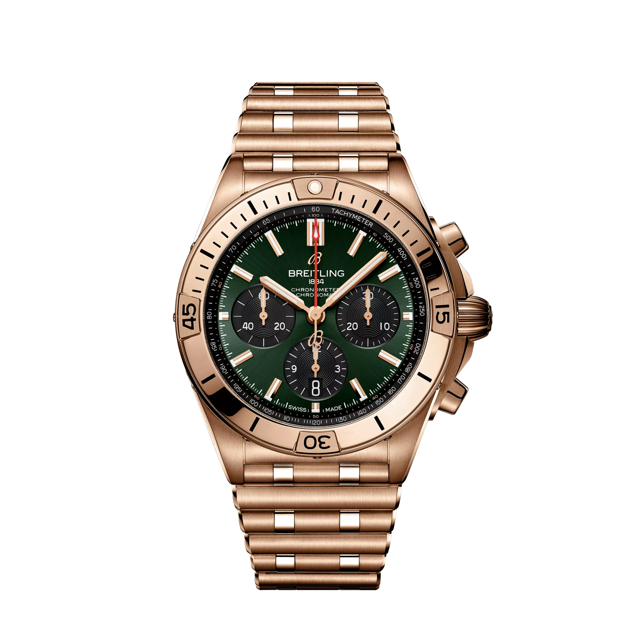 Breitling Chronomat B01 42 mm Green & Black Dial 18K Red Gold Metal Bracelet RB0134101L1R1-Breitling Watch with 24-Hour Format -