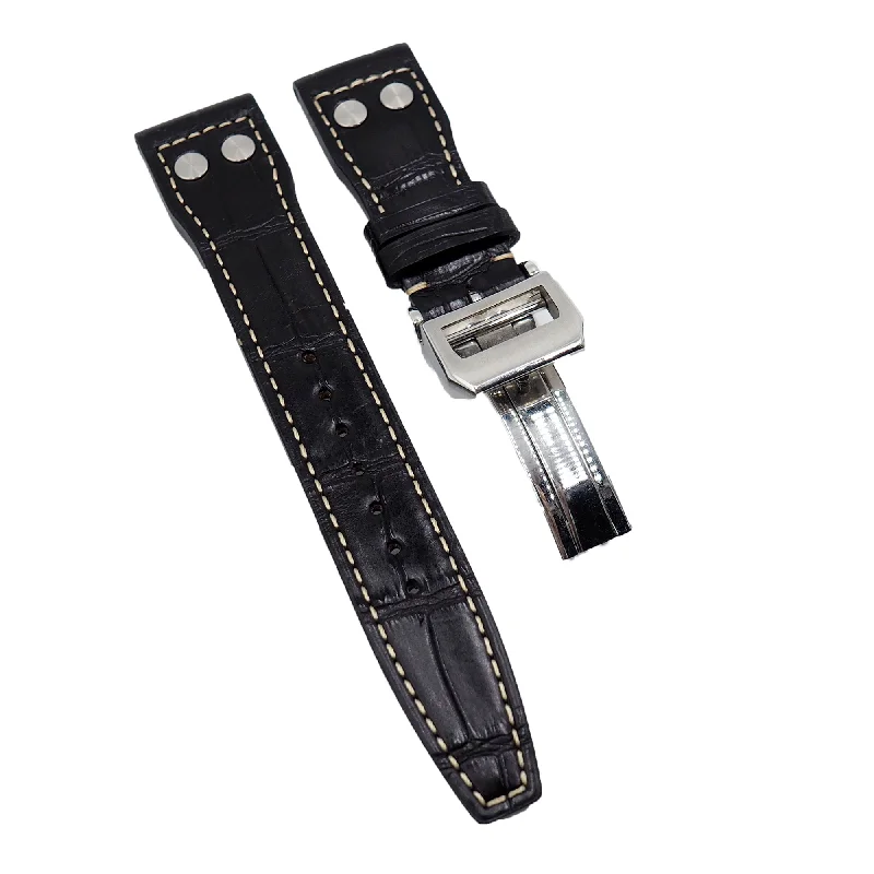 21mm, 22mm Pilot Style Black Alligator Leather Watch Strap For IWC, Cream Stitching, Rivet Lug, Semi Square Tail-IWC Watch for Iconic Timepieces -