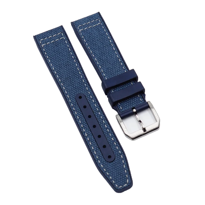 20mm, 21mm Pilot Style Hybrid Blue Nylon FKM Rubber Watch Strap For IWC, White Stitching, Semi Square Tail-IWC Watch with Special Edition Features -