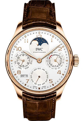 IWC Portugieser Perpetual Calendar Watch - 44.2 mm 5N Gold Case - Silver Dial - Dark Brown Alligator Strap - IW503302-IWC Watch with Chronograph Function -