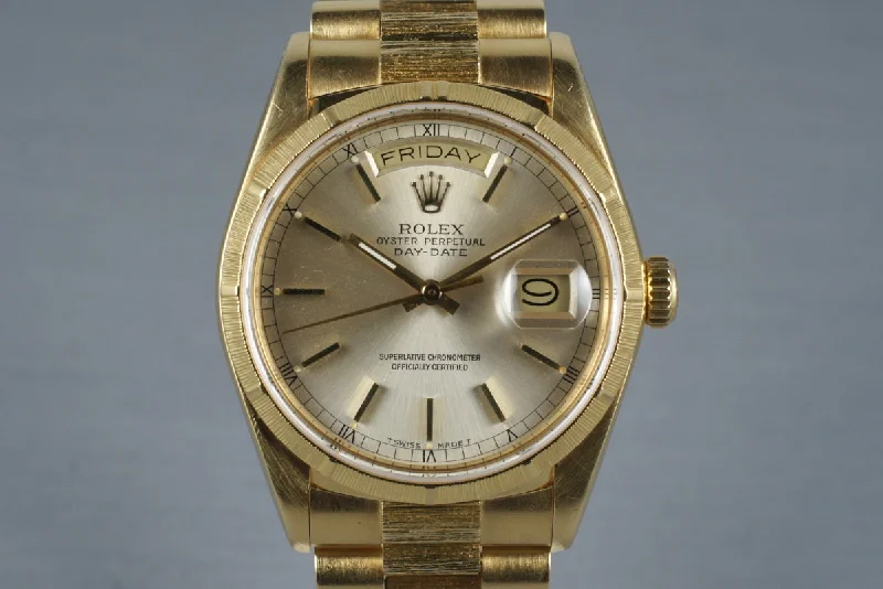 1987 Rolex 18K Bark Day-Date 18078 Silver Dial-Rolex Watch with Blue Leather Strap -