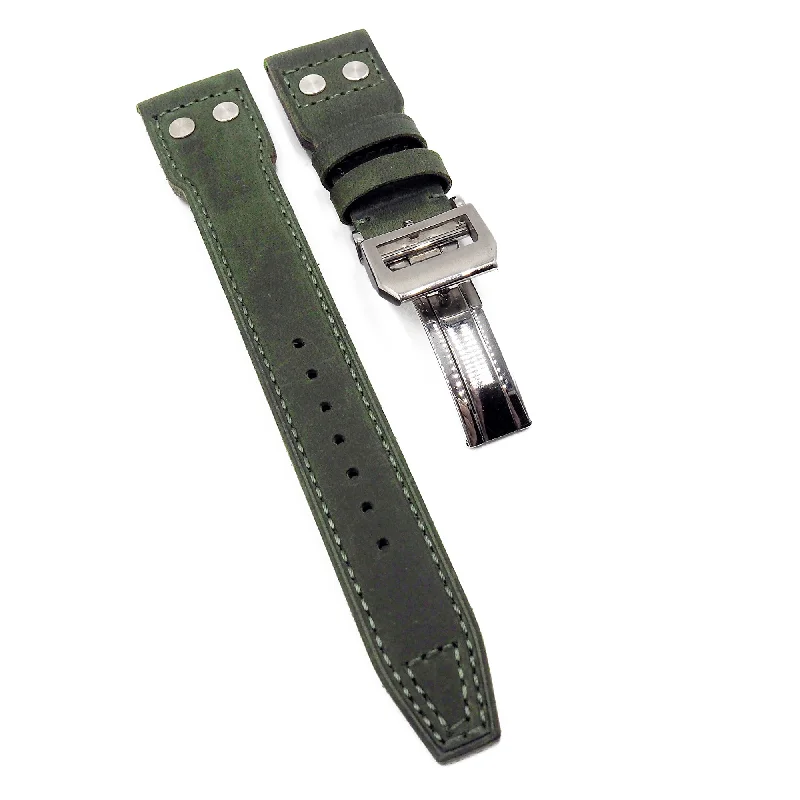 22mm Pilot Style Army Green Matte Calf Leather Watch Strap For IWC, Rivet Lug, Semi Square Tail-IWC Watch with Dual Chronograph Function -