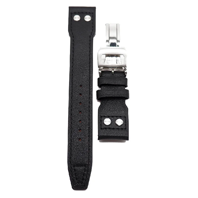 22mm Pilot Style Black Calf Leather Watch Strap For IWC, Rivet Lug, Semi Square Tail-IWC Watch for Aviation Enthusiasts -