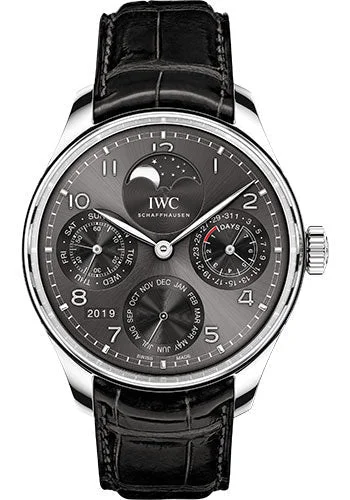 IWC Portugieser Perpetual Calendar Watch - 44.2 mm White Gold Case - Slate Dial - Black Alligator Strap - IW503301-IWC Watch with Vintage Design -