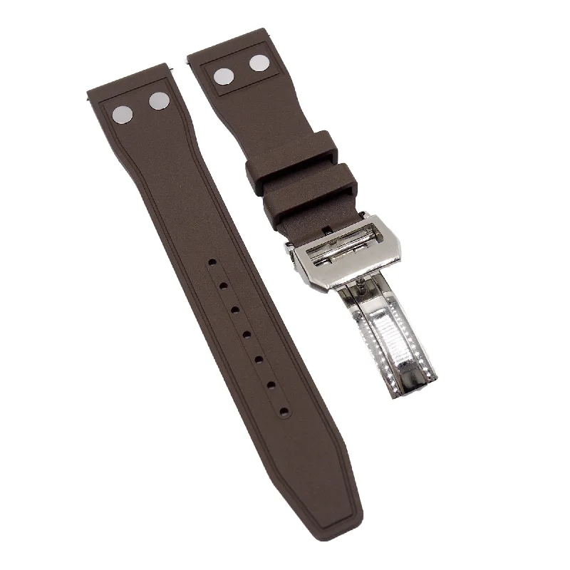 20mm, 21mm, 22mm Pilot Style Brown FKM Rubber Watch Strap For IWC, Rivet Lug, Semi Square Tail, Quick Release Spring Bars-IWC Watch for Men -