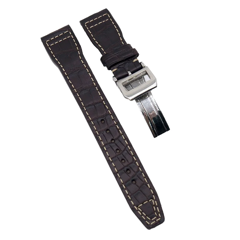 21mm, 22mm Pilot Style Dark Brown Alligator Leather Watch Strap For IWC, Cream Stitching, Semi Square Tail-IWC Watch for Distinctive Timepieces -