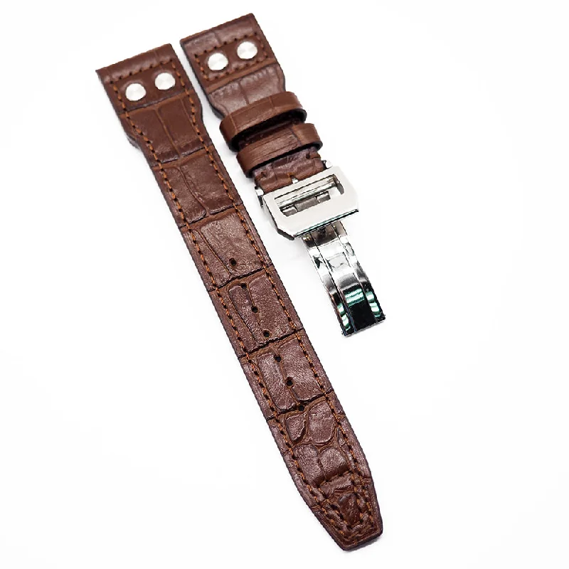 22mm Pilot Style Cinnamon Brown Alligator Embossed Calf Leather Watch Strap For IWC, Semi Square Tail-IWC Watch for Exclusive Collecting -