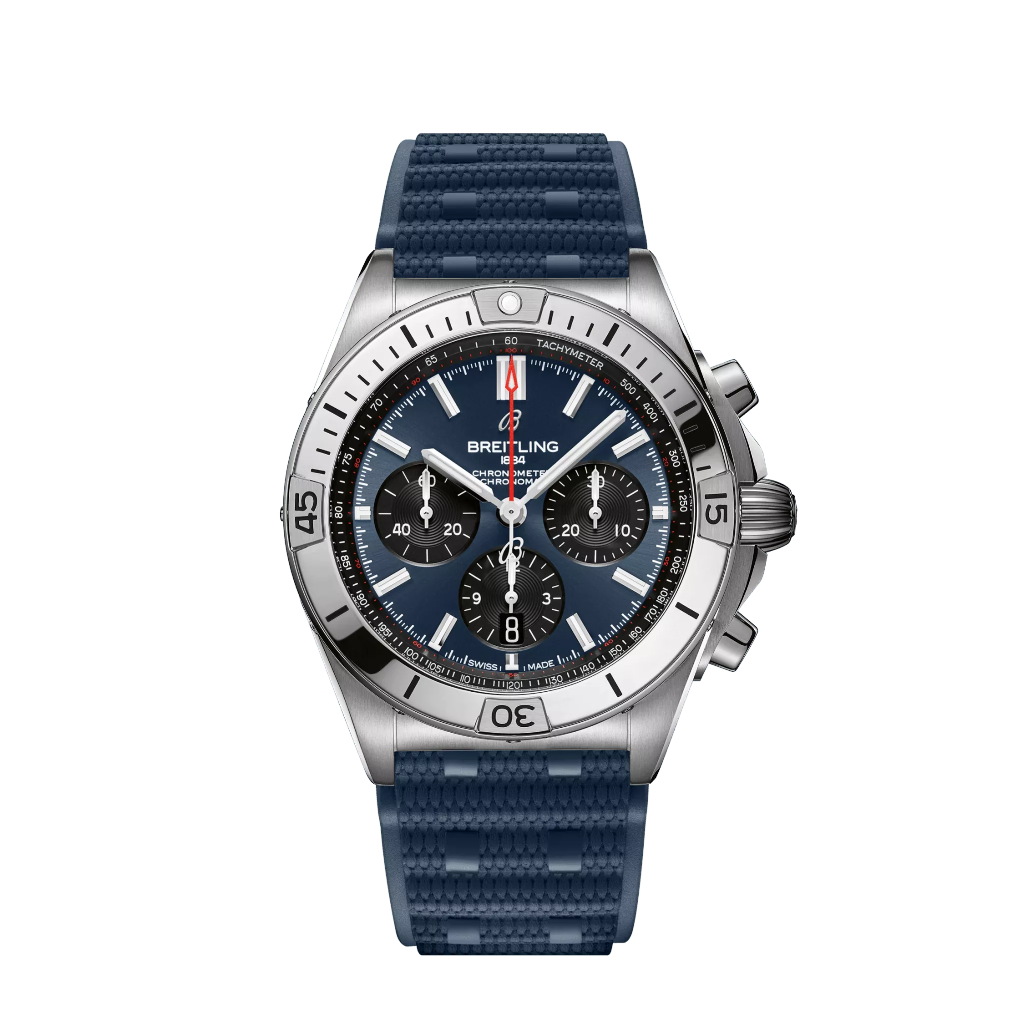 Breitling Chronomat B01 42mm Blue and Black Dial Stainless Steel Blue Rubber Strap AB0134101C1S1-Breitling Watch with Pilot's Chronograph Design -