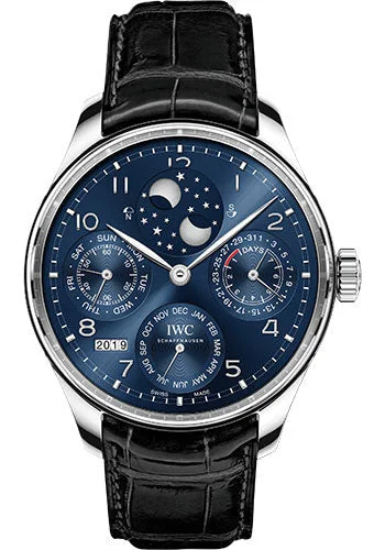 IWC Portugieser Perpetual Calendar Watch - 44.2 mm White Gold Case - Midnight Blue Dial - Black Alligator Strap - IW503401-IWC Watch with 500M Water Resistance -