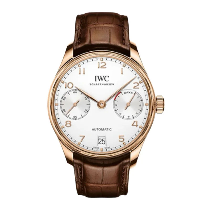 IWC Portugieser 42.3mm - Ref: IW500701 - White Chronograph Dial in 18K Rose Gold Case, Brown Alligator Leather Strap-IWC Watch with Gold and Steel Case -