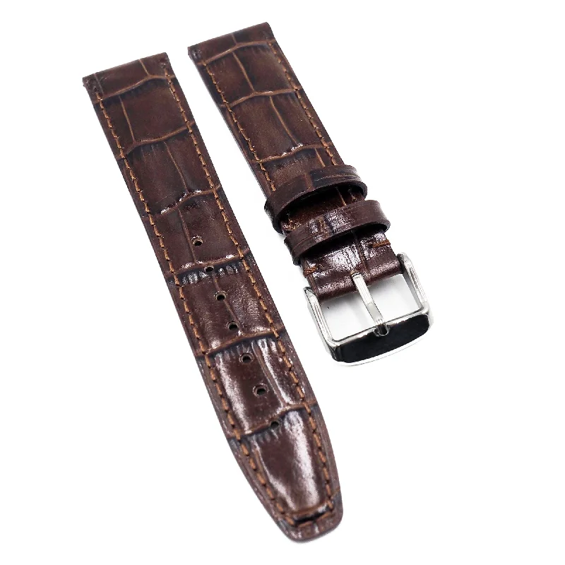 20mm, 21mm, 22mm Waxed Brown Alligator Embossed Calf Leather Watch Strap For IWC-IWC Watch with Advanced Features and Functions -