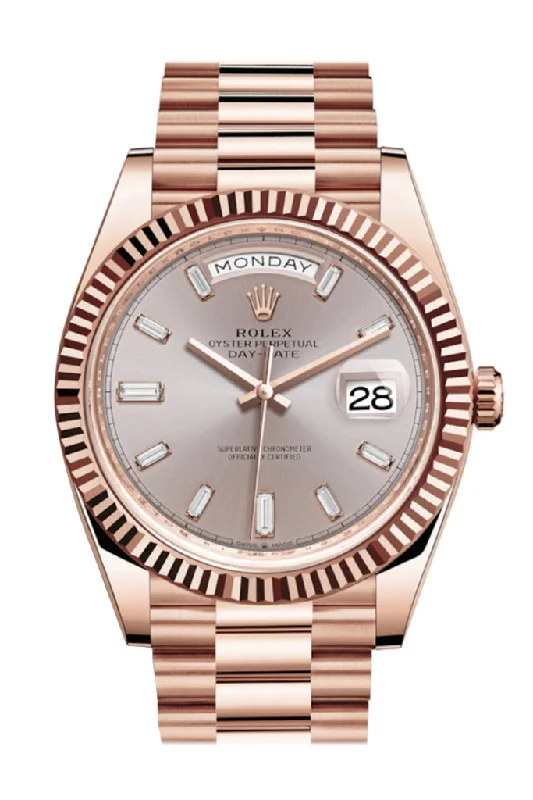 Rolex Day-Date 40 Sundust 10 Baguette-cut Fluted Dial Diamond Bezel 18K Everose gold President Automatic Men's Watch 228235-Rolex Watch with Silver Dial -