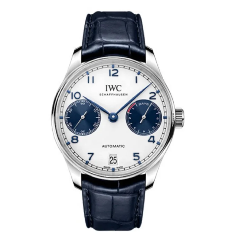 IWC Portugieser 42.3mm - Ref: IW500715 - Silver Chronograph Dial, Blue Alligator Leather Strap-IWC Watch with Vintage Design -