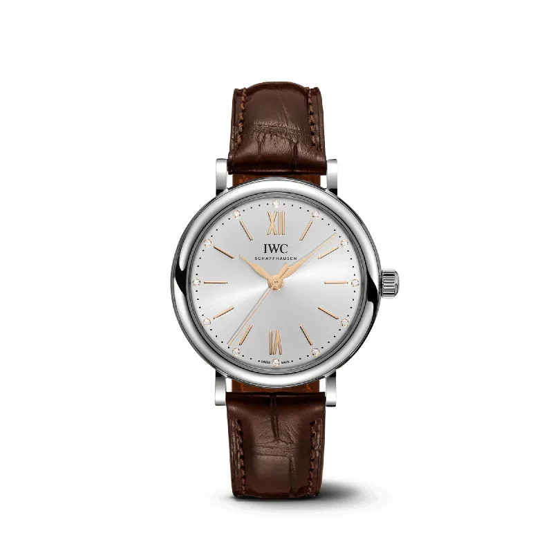 IWC Portofino Automatic Silver Dial Brown Leather 34mm-IWC Watch with Vintage Pilot’s Design -